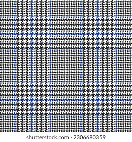 Glen check pattern. Plaid of geometric print in violet, black and white cage. Goose foot. Houndstooth tartan tweed. Dogs tooth. Scottish cage. Seamless fabric texture. Vector illustration