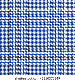 Glen check pattern. Plaid of geometric print in  black, blue and white cage. Goose foot. Houndstooth tartan tweed. Dogs tooth. Scottish cage. Seamless fabric texture. Vector illustration