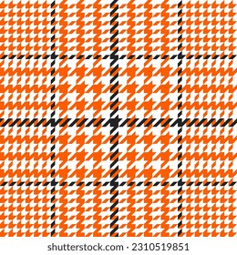 Glen check pattern. Plaid of geometric print in black, orange and white cage. Goose foot. Houndstooth tartan tweed. Dogs tooth. Scottish cage. Seamless fabric texture. Vector illustration