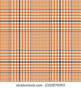 Glen check pattern. Plaid of geometric print in black, orange and white cage. Goose foot. Houndstooth tartan tweed. Dogs tooth. Scottish cage. Seamless fabric texture. Vector illustration