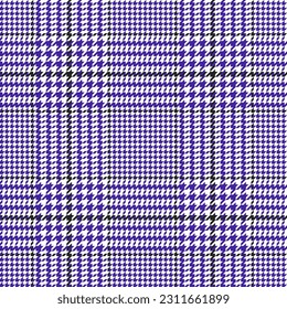 Glen check pattern. Plaid of geometric print in black, violet and white cage. Goose foot. Houndstooth tartan tweed. Dogs tooth. Scottish cage. Seamless fabric texture. Vector illustration