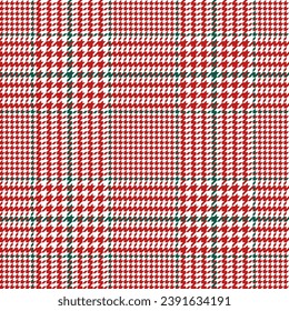 Glen check pattern. Plaid of geometric print in red, green and white cage. Goose foot. Houndstooth tartan tweed. Dogs tooth. Scottish cage. Seamless fabric texture. Vector illustration