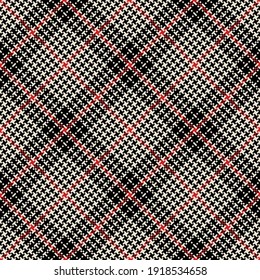 Glen check plaid pattern in black, red, off white. Seamless hounds tooth vector tweed background pixel art for skirt, blanket, other modern spring autumn winter casual fashion textile design.