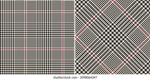 Glen check plaid pattern in black, red, off white. Seamless classic tweed tartan check plaid illustration set for jacket, skirt, trousers, pyjamas, blanket, scarf, other spring autumn winter print.