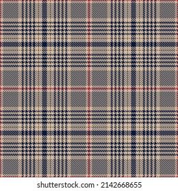 Glen check plaid pattern in navy blue, red, brown beige. Seamless dark Scottish tartan plaid vector for skirt, scarf, jacket, blanket, trousers, other modern spring autumn winter fashion textile.