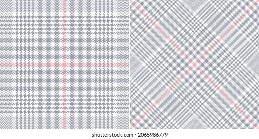 Glen check plaid pattern print for spring autumn winter. Seamless tweed tartan plaid large background in grey, pink, white for dress, jacket, trousers, blanket, other modern fashion fabric design.