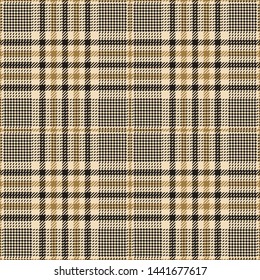 Glen check plaid pattern. Seamless tartan plaid in dark grey and gold for jacket, coat, skirt, trousers, or other modern autumn winter fashion tweed textile print.