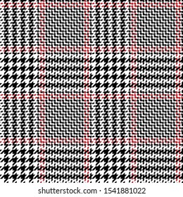 Glen check plaid pattern. Seamless vector plaid background texture in black, red, and white for dress, jacket, skirt, trousers, or other modern autumn or winter tweed textile design.