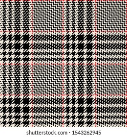 Glen check plaid pattern. Seamless hounds tooth vector plaid background texture in black, red, and off white for jacket, skirt, trousers, or other autumn or winter tweed textile design.