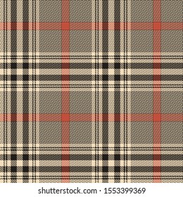 Glen check plaid pattern. Seamless hounds tooth vector plaid background texture in nearly black, gold, and red coral for jacket, skirt, or other modern autumn or winter tweed textile design.