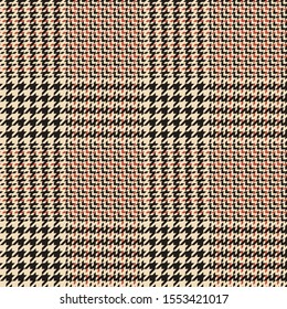 Glen check plaid pattern. Seamless hounds tooth vector plaid background texture in nearly black, gold, and coral red for jacket, skirt, or other modern autumn or winter tweed textile design.