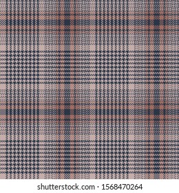 Glen check plaid pattern. Seamless hounds tooth plaid tartan texture in blue, brown orange, and white for jacket, skirt, dress, or other modern autumn winter tweed textile design.