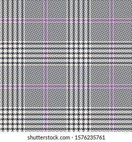 Glen check plaid pattern. Seamless hounds tooth vector plaid background texture in grey and purple pink for jacket, skirt, coat, dress, or other modern spring or autumn tweed textile design.