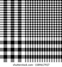 Glen check plaid pattern. Seamless hounds tooth vector plaid background texture in black and white for jacket, skirt, trousers, or other modern autumn or winter tweed textile design.