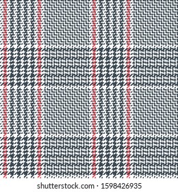Glen check plaid pattern. Seamless hounds tooth vector plaid background texture in grey, coral pink, and white for jacket, skirt, trousers, dress, or other autumn or spring tweed textile design.