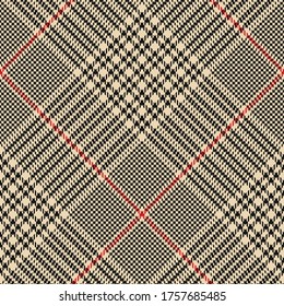 Glen check plaid pattern. Seamless hounds tooth tartan vector plaid texture in black, gold, and red for jacket, skirt, or other modern autumn or winter tweed textile design.