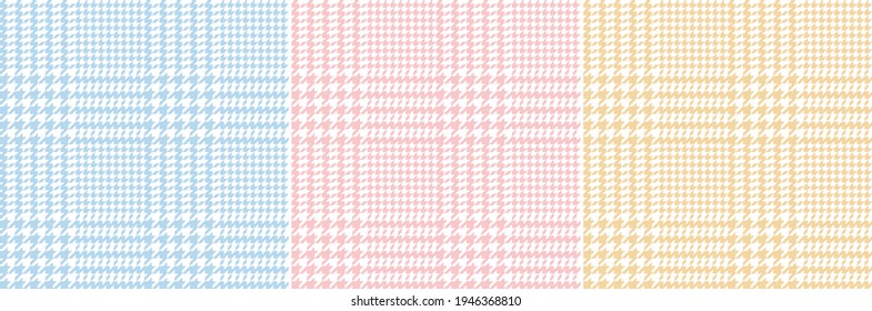 Glen check plaid pattern set in pastel blue, pink, yellow, white. Seamless hounds tooth tweed lilac vector for jacket, skirt, coat, other modern spring autumn casual fashion textile design.