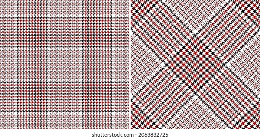 Glen check plaid pattern set in black, red, white. Seamless pixel textured tartan tweed vector illustration for dress, skirt, trousers, other modern spring autumn winter fashion fabric print.