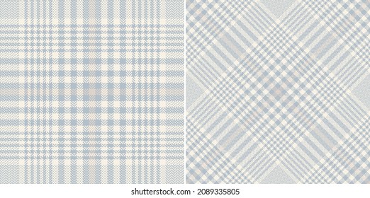 Glen check plaid pattern in soft cashmere blue and beige. Seamless elegant herringbone textured tweed vector fashion set for scarf, blanket, skirt, other modern spring autumn winter fabric design.