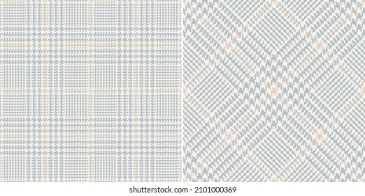 Glen check plaid pattern in soft cashmere blue and beige for spring autumn winter. Seamless pixel textured tartan tweed plaid for dress, scarf, jacket, coat, skirt, other modern fashion textile print.