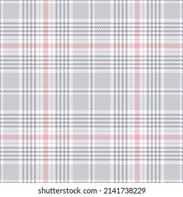 Glen Check Plaid Pattern For Spring Summer In Grey, Pink, White. Seamless Light Pastel Tartan Illustration For Dress, Jacket, Trousers, Skirt, Blanket, Other Modern Holiday Fashion Textile Print.