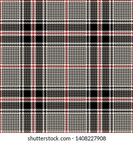 Glen check plaid pattern vector. Seamless hounds tooth tartan plaid in black, beige, and red for modern fashion textile design.