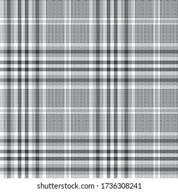 Glen check plaid pattern vector in grey and white. Seamless hounds tooth tartan plaid texture for jacket, skirt, trousers, blanket, or other modern autumn or winter tweed textile design.