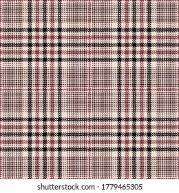 Glen check plaid pattern vector in black, red, off white. Seamless hounds tooth tartan check plaid tweed graphic for skirt, jacket, coat, or other spring and autumn fashion textile print.