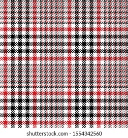 Glen check plaid tweed pattern. Seamless hounds tooth tartan plaid background texture in black, red, and white for jacket, skirt, trousers, or other modern autumn or winter textile design.