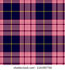 Glen or houndstooth plaid pattern. Check fabrick seamless pattern. Red, white, green stipes on deep blue field. High quality precise seamless pattern in modern style