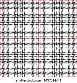 Glen pattern. Seamless hounds tooth tartan check plaid vector graphic in black, white, and red for modern tweed textile design.