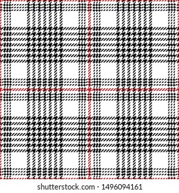 Glen pattern. Seamless hounds tooth check plaid in black, red, and white for jacket, coat, dress, trousers, skirt, or other modern tweed fashion textile design.