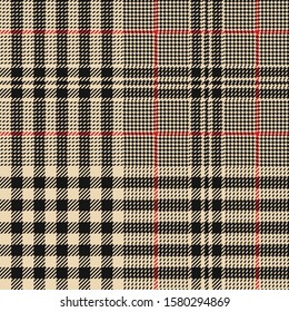 Glen pattern. Seamless hounds tooth tartan check plaid background in black, gold, and red for coat, skirt, trousers, jacket, or other modern fashion fabric print. Texture for autumn winter clothing.