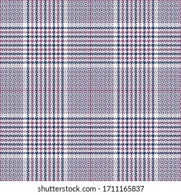 Glen pattern. Seamless hounds tooth tweed vector check plaid background texture in blue, pink, white for jacket, skirt, trousers, coat, or other modern spring or autumn fabric print.