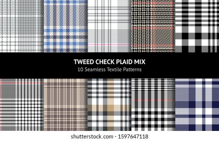 Glen pattern set. Seamless hounds tooth tartan check plaid in black, white, red, pink, grey, brown for coat, skirt, trousers, jacket, dress, skirt, or other autumn and winter tweed fashion fabrics.