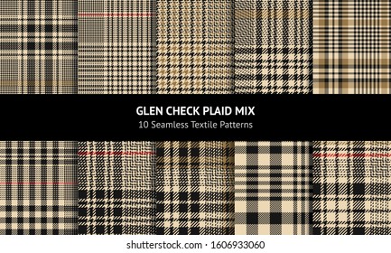 Glen pattern set. Seamless hounds tooth tweed check plaid in gold, black, and red  Texture for autumn and winter clothing.