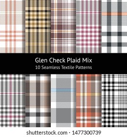 Glen pattern set. Seamless tweed check plaid in gold, grey, pink, blue, black, white, orange, brown for skirt, jacket, coat, trousers, dress, or other fashion textile design. Hounds tooth texture.