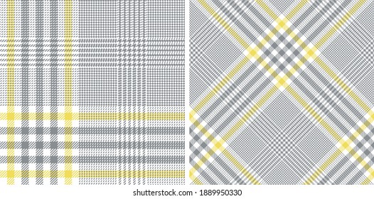 Glen pattern set in ultimate grey and illuminating yellow for dress, skirt, jacket, trousers, blanket, duvet cover, throw, or other modern spring summer fashion textile print.