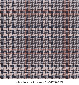 Glen pattern. Traditional seamless hounds tooth check plaid background in dark blue, beige, and coral for coat, skirt, trousers, jacket, or other modern autumn or winter fashion tweed fabric print.