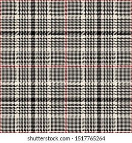 Glen pattern. Vector tartan tweed check plaid background texture in black, red, and beige for jacket, dress, skirt, trousers, bag, or other modern classic tweed textile design.