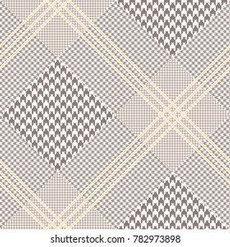Glen plaid check in brown, off white and pale orange. Seamless fabric texture pattern.