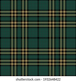 Glen plaid pattern abstract in black, gold, green. Seamless check plaid graphic background vector for dress, skirt, blanket, trousers, other modern spring autumn winter everyday fashion textile print.
