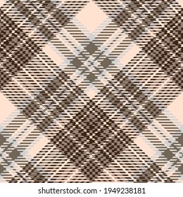 Glen plaid pattern in beige, brown, gray. Seamless checkered background. Colored Scottish diagonal cage. Abstract texture. Vector graphics printing on fabrics, shirts and textiles.