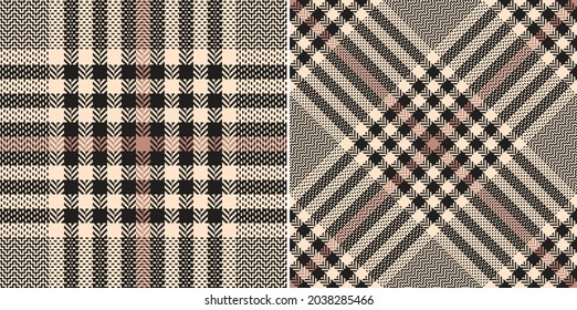 Glen plaid pattern in black, pink, beige. Seamless neutral tweed tartan check plaid background design for flannel shirt, skirt, blanket, scarf, other modern spring autumn winter fashion fabric print.