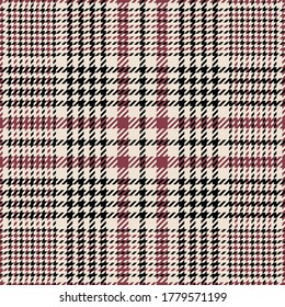 Glen plaid pattern in black, red, white. Seamless tartan hounds tooth check plaid graphic for modern spring and autumn textile print.