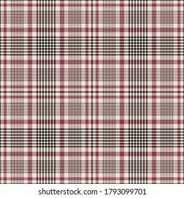 Glen plaid pattern in black, red, off white. Seamless tweed textured design for spring and autumn blanket, tablecloth, or other modern fabric designs.