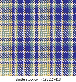 Glen plaid pattern in blue, gray, gold. Abstract seamless checkered background. Colored Scottish cage. Vector graphics printing on fabrics, shirts and textiles.