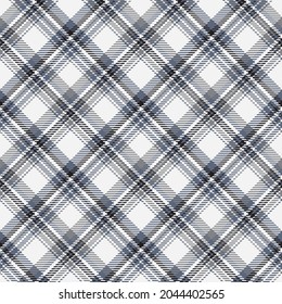 Patrón de trenzas de vidrio en azul, blanco, negro. Fondo a cuadros impecable. Jaula diagonal escocesa de colores. Textura abstracta. Impresión gráfica vectorial sobre telas, camisas y textiles.