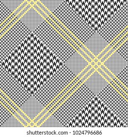 Glen plaid pattern in classic black and white with triple golden yellow overcheck. Seamless fabric texture print. 
