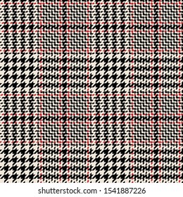 Glen plaid pattern. Classic seamless hounds tooth check plaid texture in black, red, and off white for trousers, coat, skirt, jacket, or other modern autumn or winter fashion clothes print.